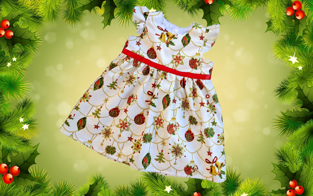 Christmas Baby Dress with flutter sleeves, Sizes 00,1