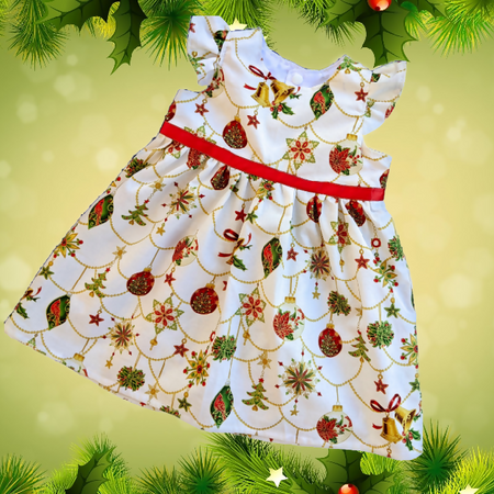 Xmas Baby Dress with flutter sleeves, Sizes 00,0,1