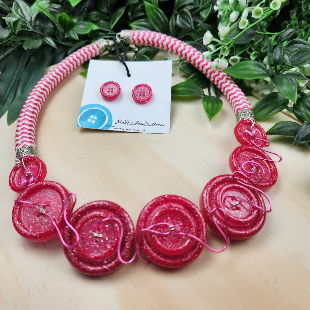 Button Necklace - Cord - Pink Sparkle - A2B -  (4)