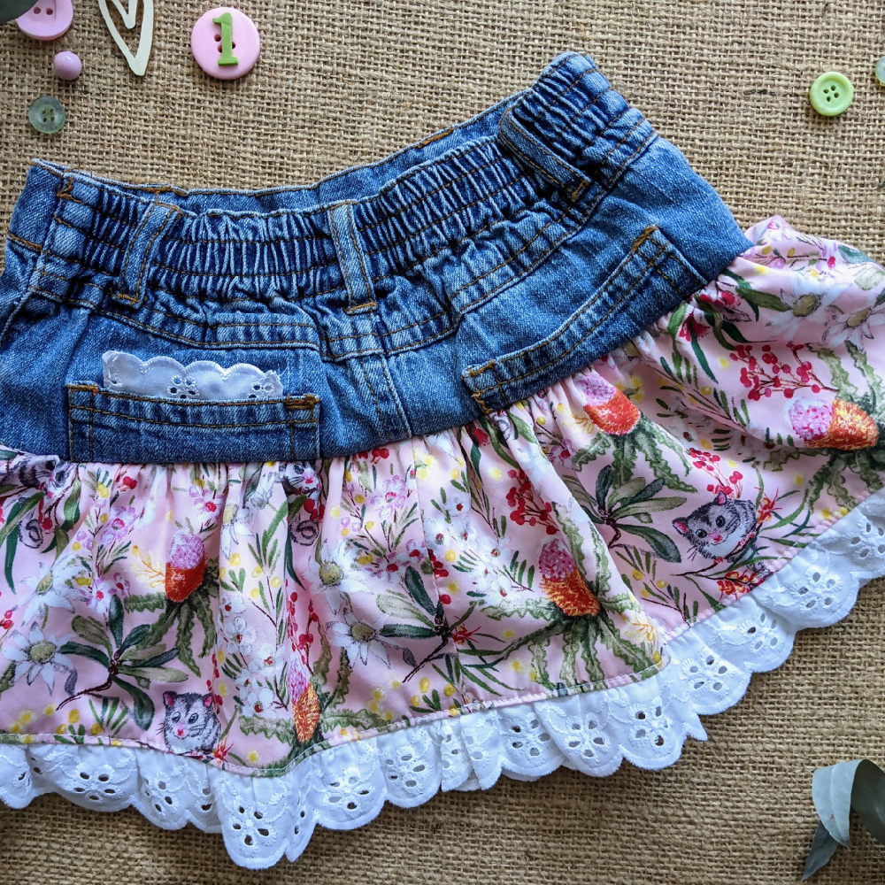 Baby girls 6-12 months pink Upcycled Denim skirt