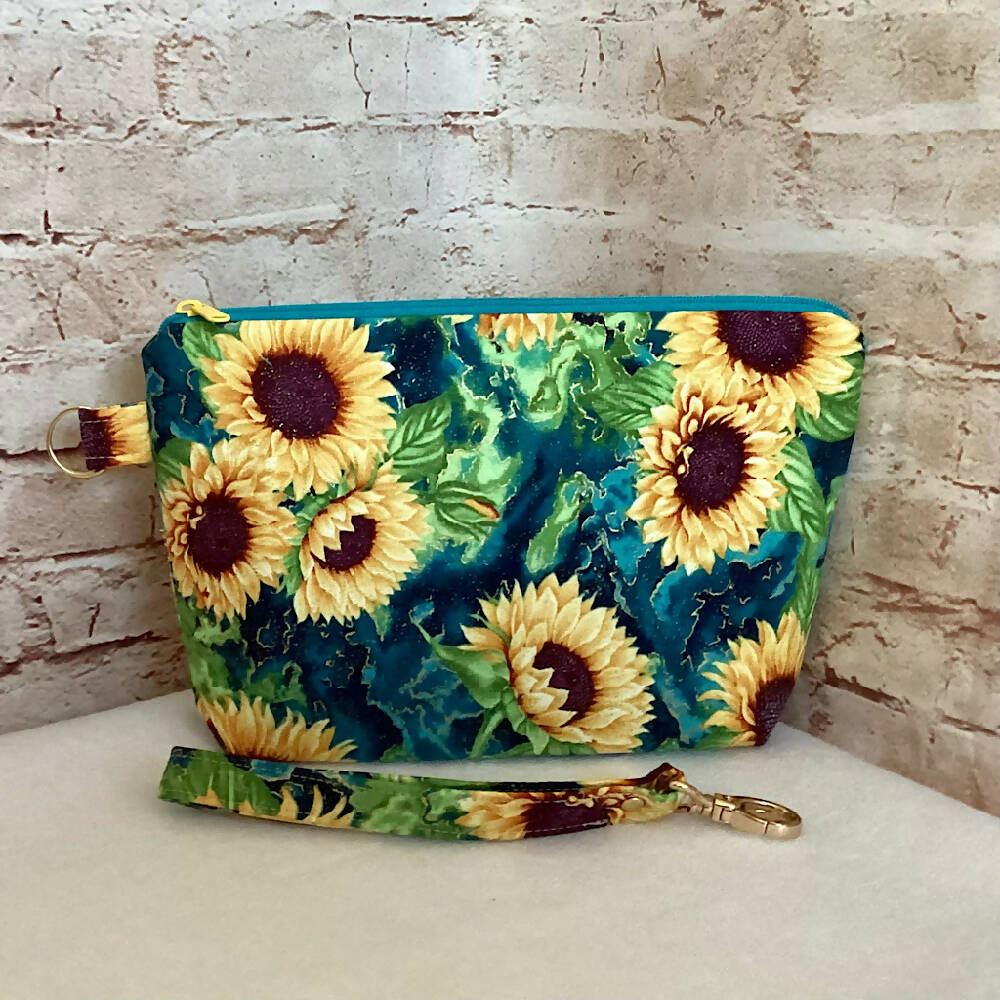 Sunflowers (on teal) clutch purse with detachable wristlet (Approx. 24cm x 17cm -5cm gusset)