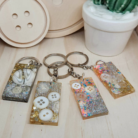 Keyring - SILVER with WHITE Buttons - Rectangle - Resin