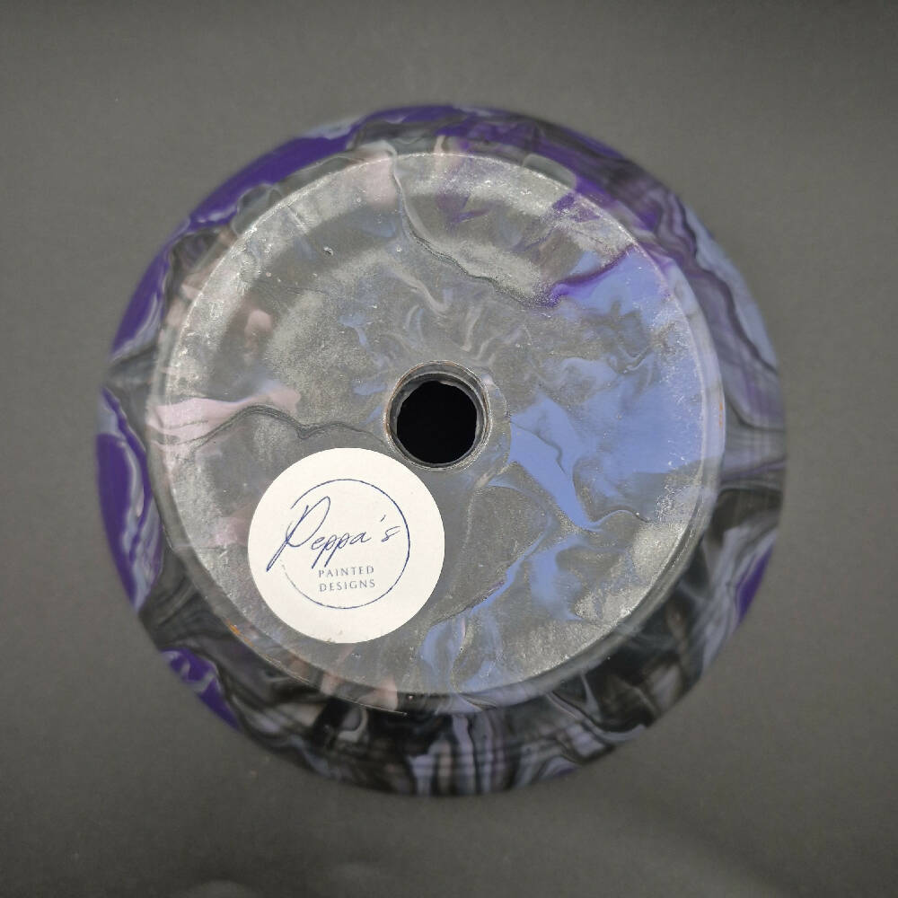 Hand Painted Terracotta Pot 15cm Purple and Silver Acrylic Pour