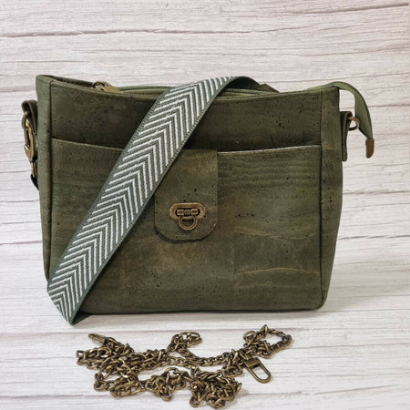 Cork Handbag with Flap Closure - Army Green