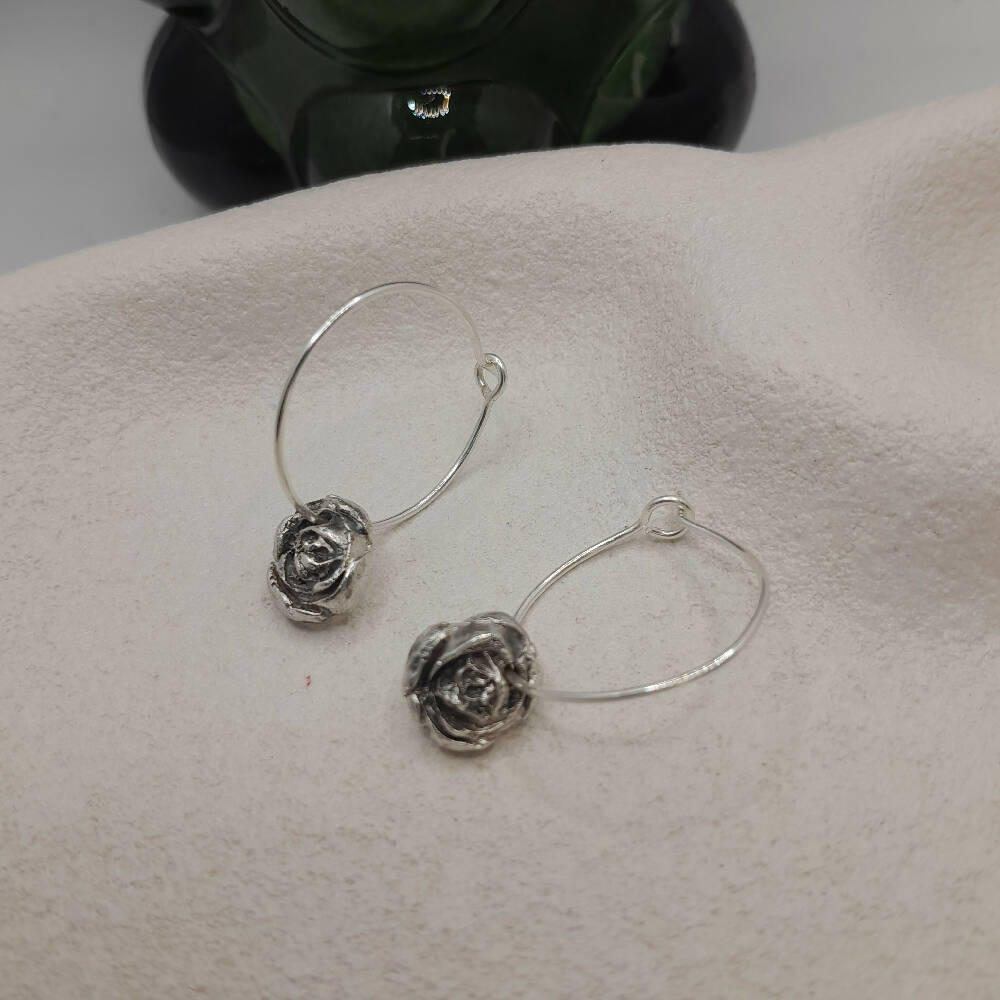 Fine silver rose hoop earrings with handmade ear wire