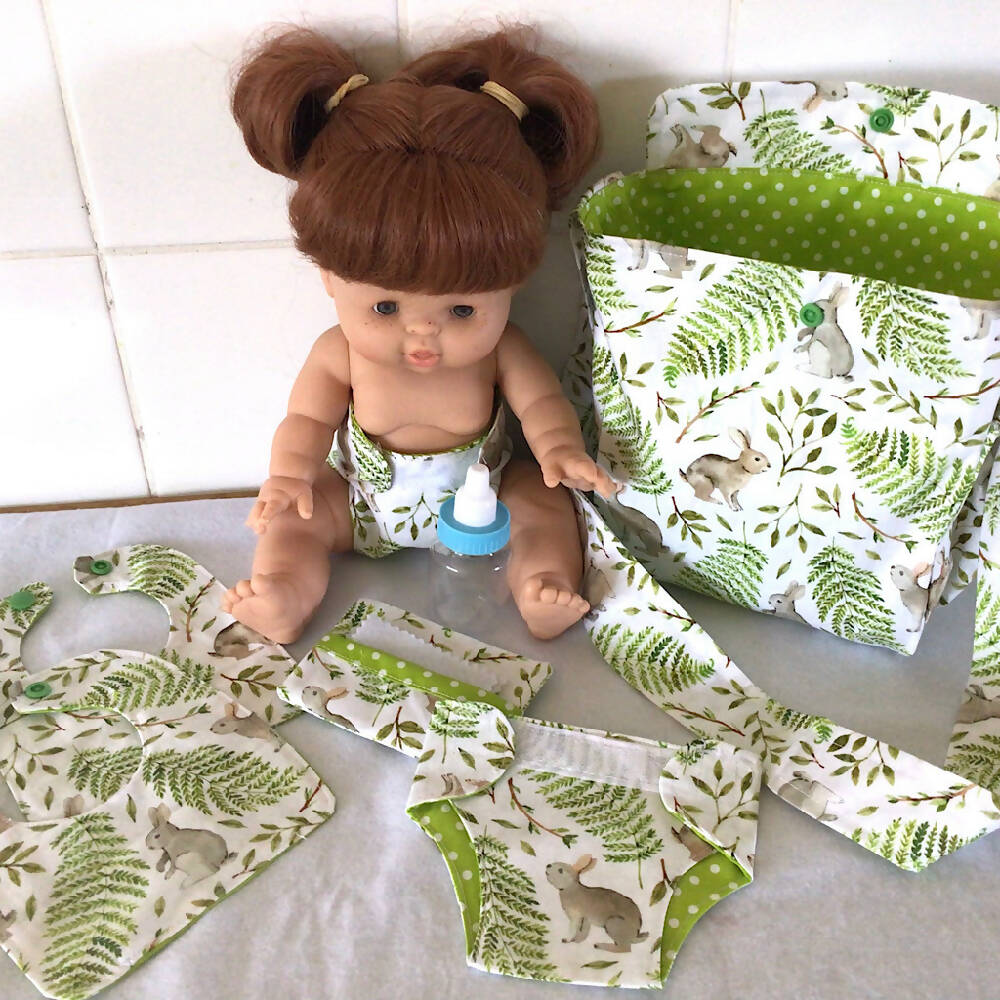 Nappy Bag and accessories for Baby Doll #3 Bunnies amongst Ferns