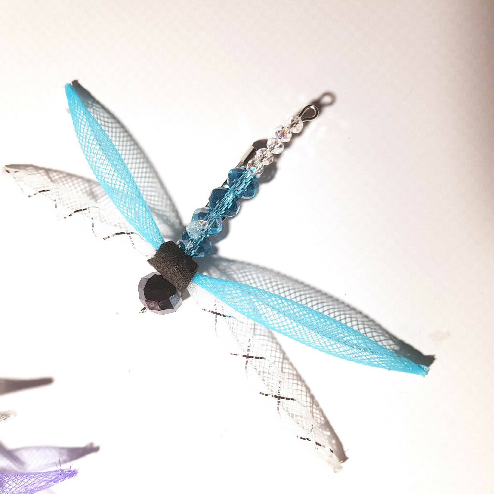 Brooch shawl hat pin. Dragonfly nylon mesh and crystals.