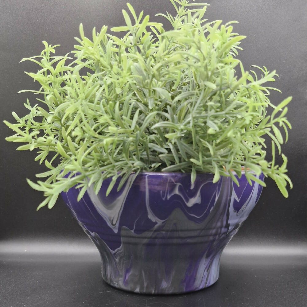Hand Painted Terracotta Pot 15cm Purple and Silver Acrylic Pour