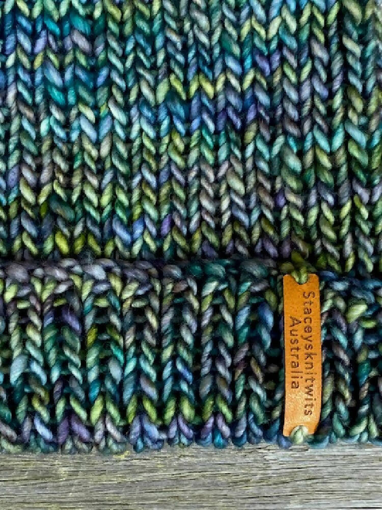 Hand Knitted Blue Green Beanie Peruvian Merino Wool Staceysknitwits 005