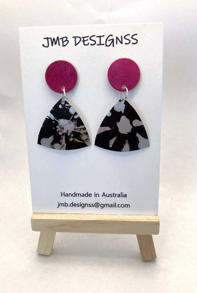 Black printed anodised aluminium earrings with pink studs