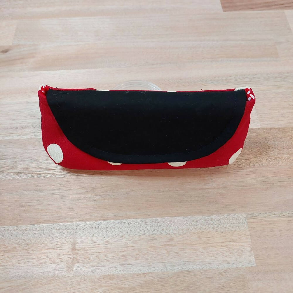 Red and white polka dot glasses/small makeup pouch