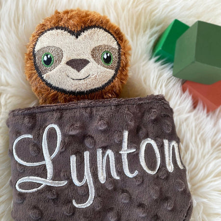 Baby comforter, Embroidered name, Sloth themed Ruggybud, Made to order