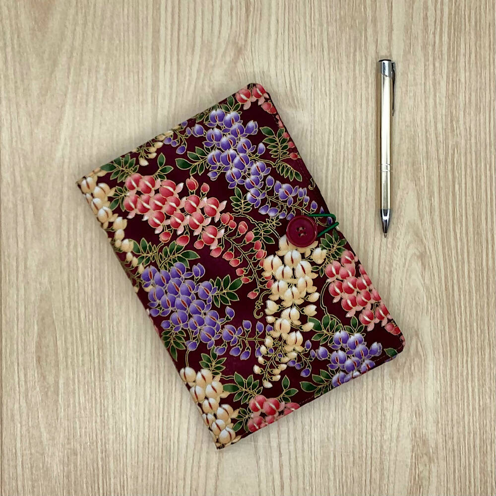 Wisteria Floral refillable A5 fabric notebook cover gift set - Incl. book and pen.