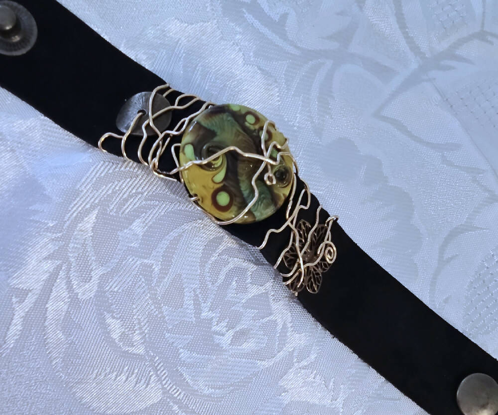 Black Leather Cuff featuring a Wirewrapped Glass Artisan Lampwork Focal Bead,