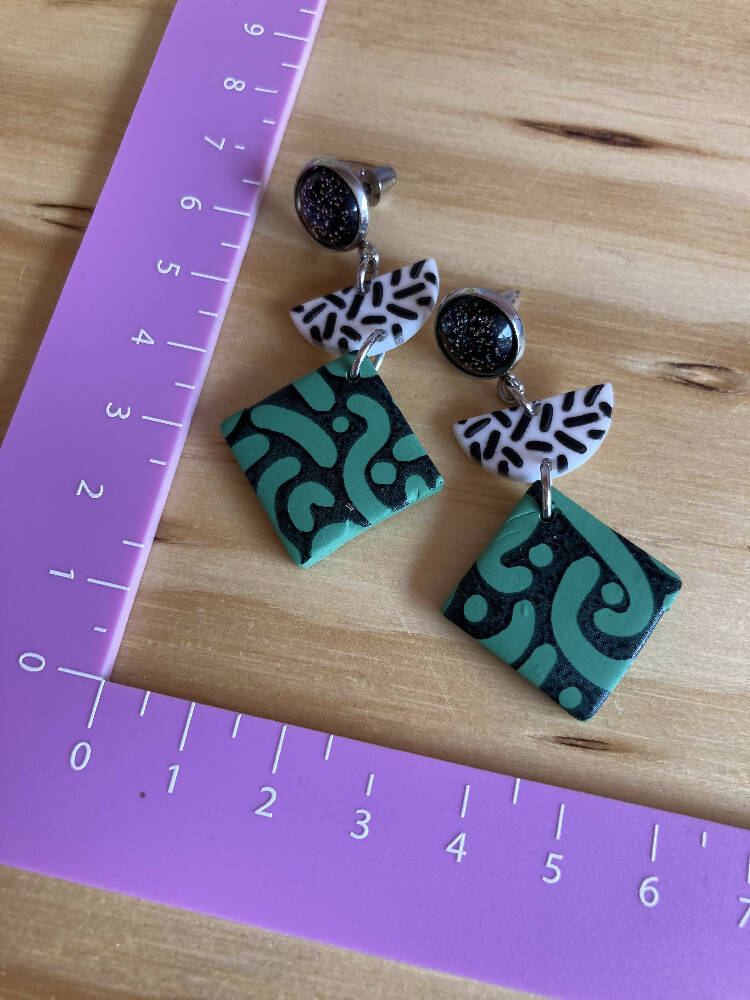 Green / black / white triple layer earrings