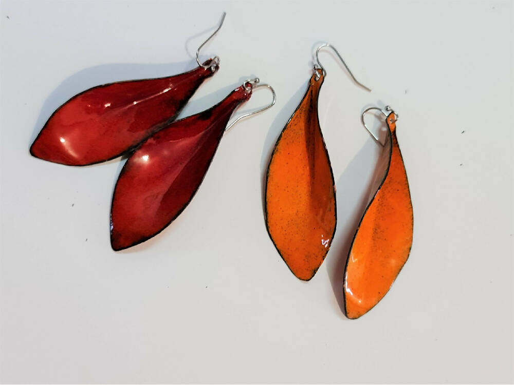 Enamel Earrings - Leaves Orange Large