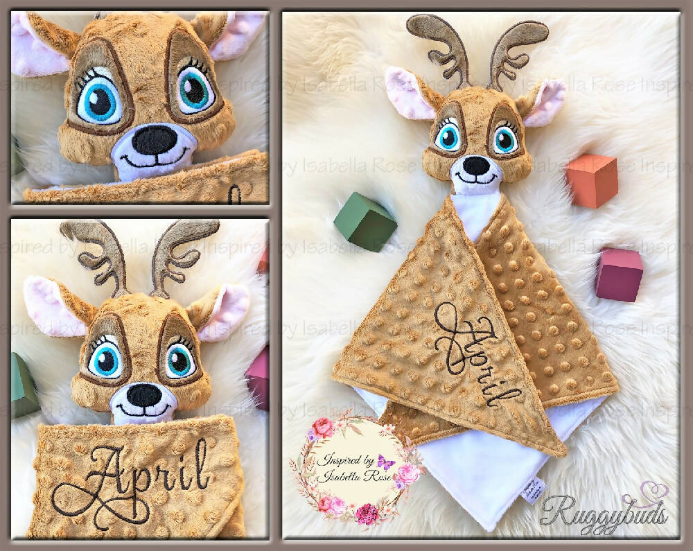 Baby comforter, Embroidered name, Deer themed Ruggybud, Made to order