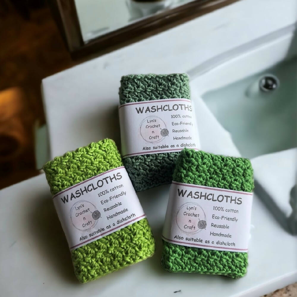Crochet Cotton Washcloths - Shades of Green - Set of 3