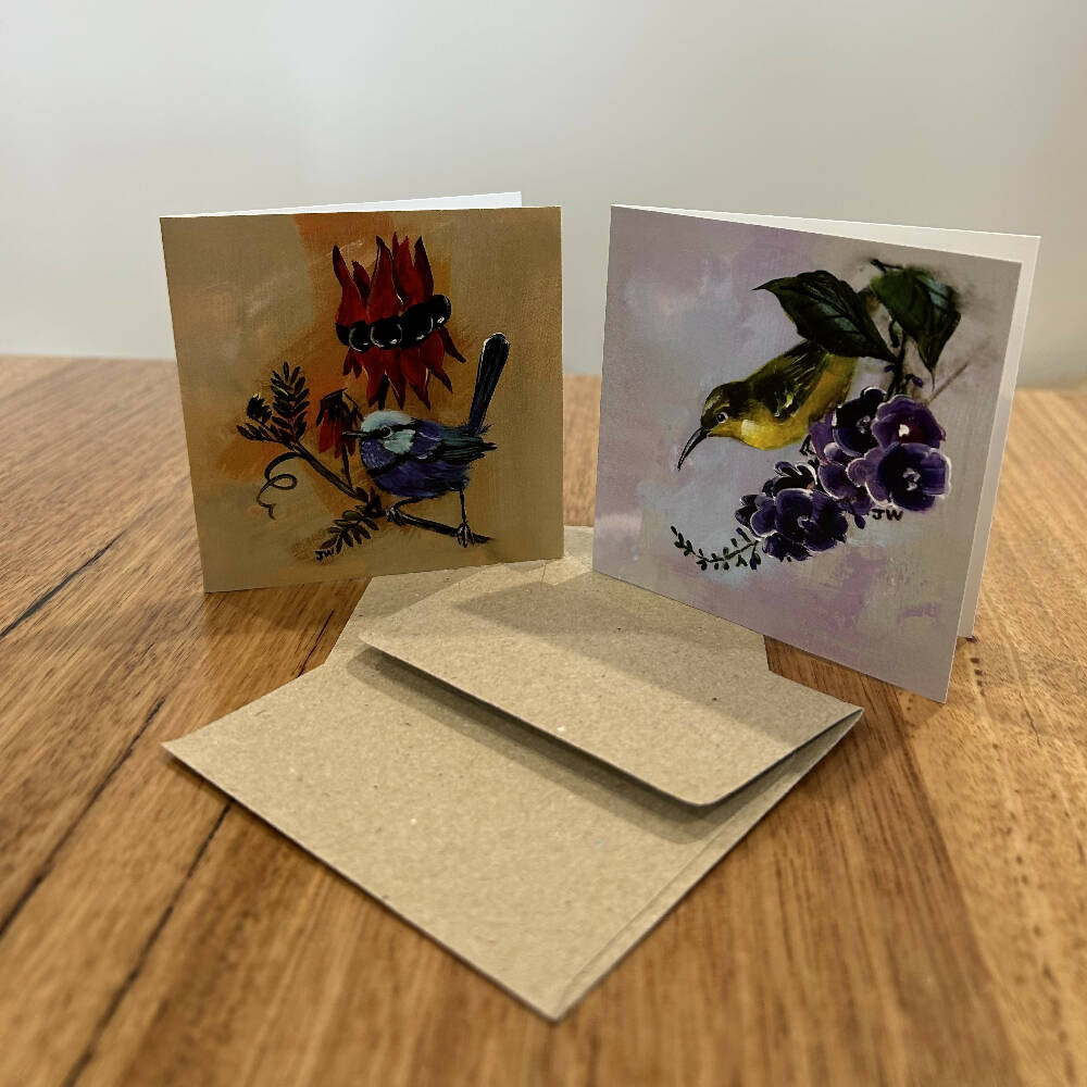 Wrens and Flowers Card Set - Red and Purple (6 pack)