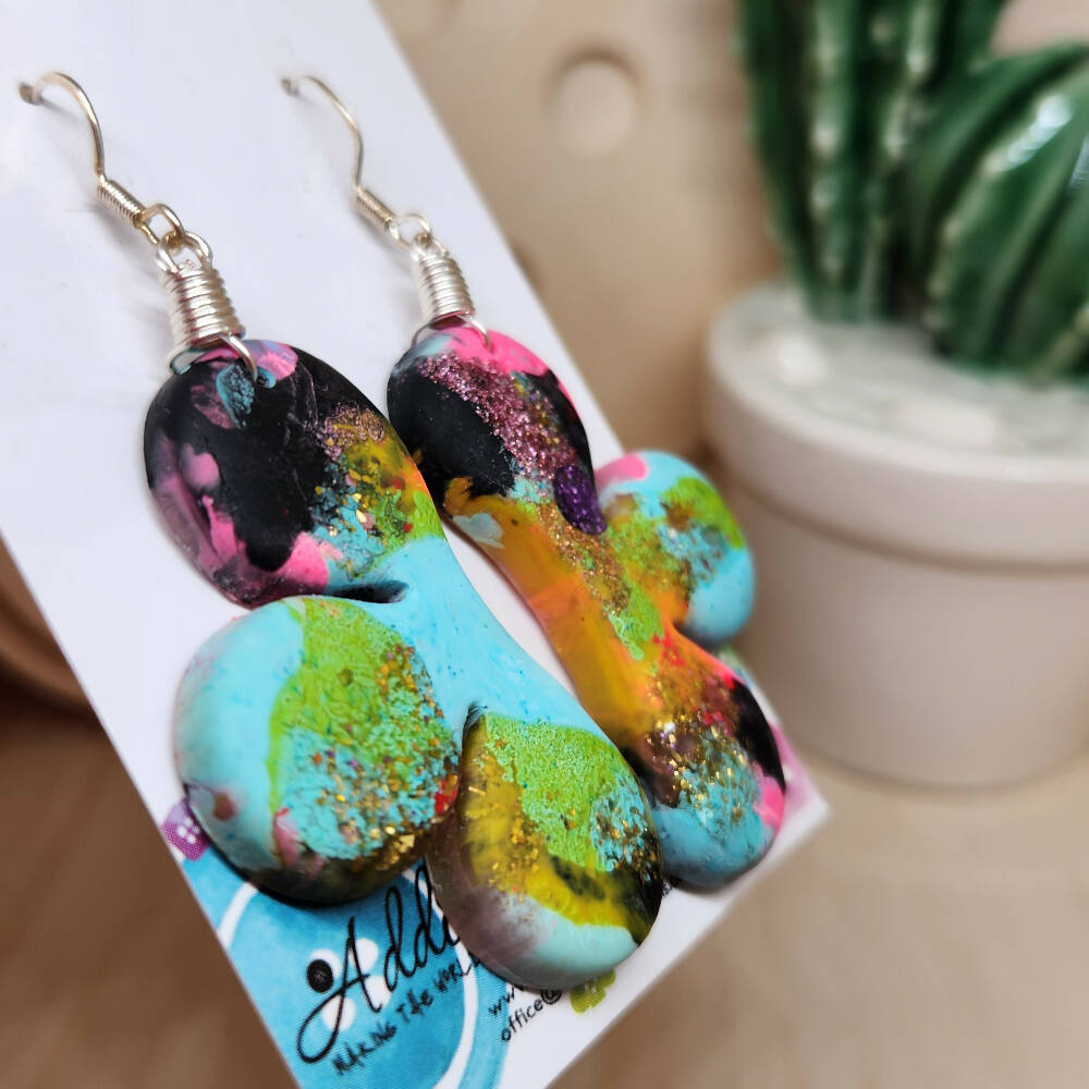 50 - Dangle Earrings Resin Button Jewellery Colourful Clouds Teal Pink Glitter (4)