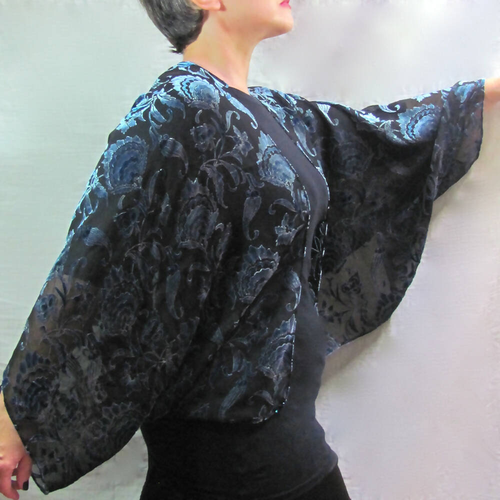 Dark Blue on Black Devore Velvet 1930s Style Evening Jacket / Kimono Wrap