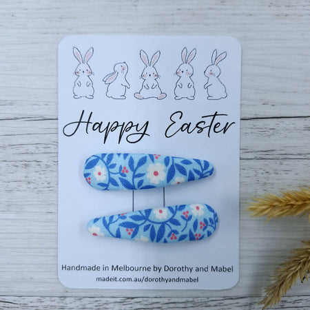 Handmade fabric hair clips, Easter hair clips, set of two, snap clips, blue.