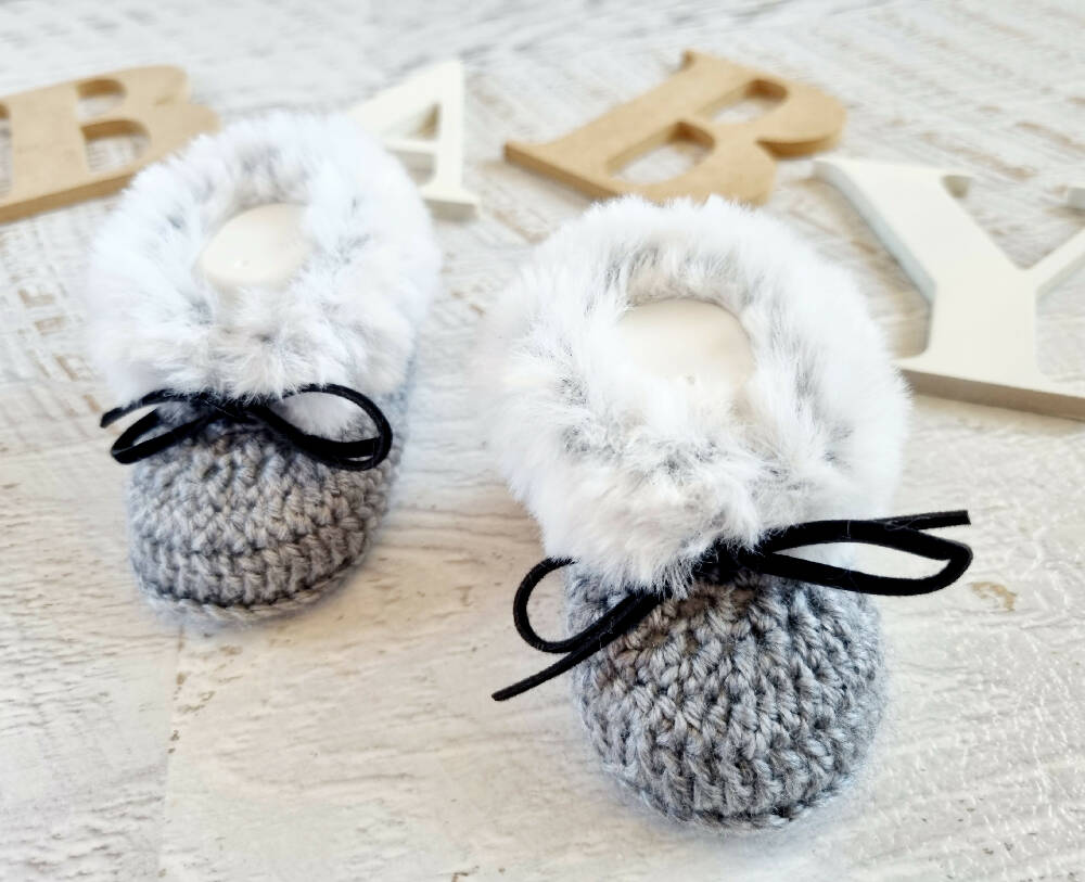 Baby Booties Fluffy Grey Newborn Crochet Knit Shoes Sock