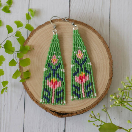 Beaded Earrings Green Folk Art Fringe Dangle