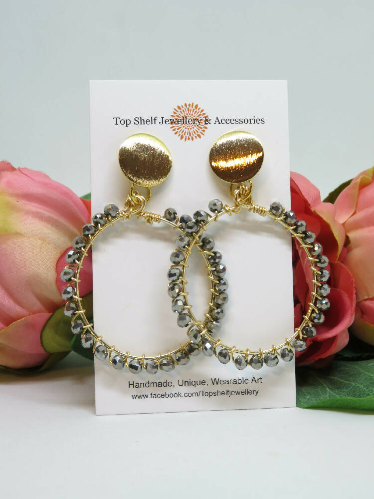 Smokey Grey Faceted Wire Wrapped Hoop Earrings