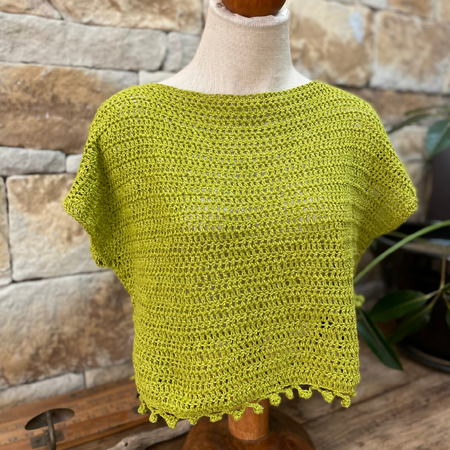 Chartreuse Lime Crochet Linen boat neck top with tassels.
