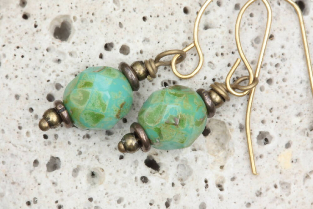 Opaque Turquoise Blue Picasso and Brass Czech Glass Beaded Earrings