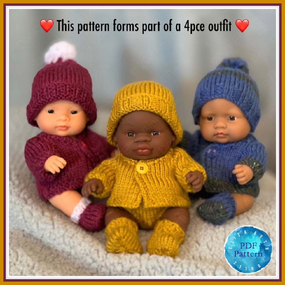 Miniland 21cm clothes, PDF digital pattern, Cardigan, Jacket, Coat, Boy, Girl, Unisex, Easy quick knit, Straight needles, Flat knit, Baby doll clothes, Cute outfit, Doll accessories, Minikane, 8inch, Eliza Beth Dolls, ElizaBethDolls, Australia, Clear instructions, Photos, 8ply DK yarn, Beginner friendly, Basic knitting, Simple pattern, 5