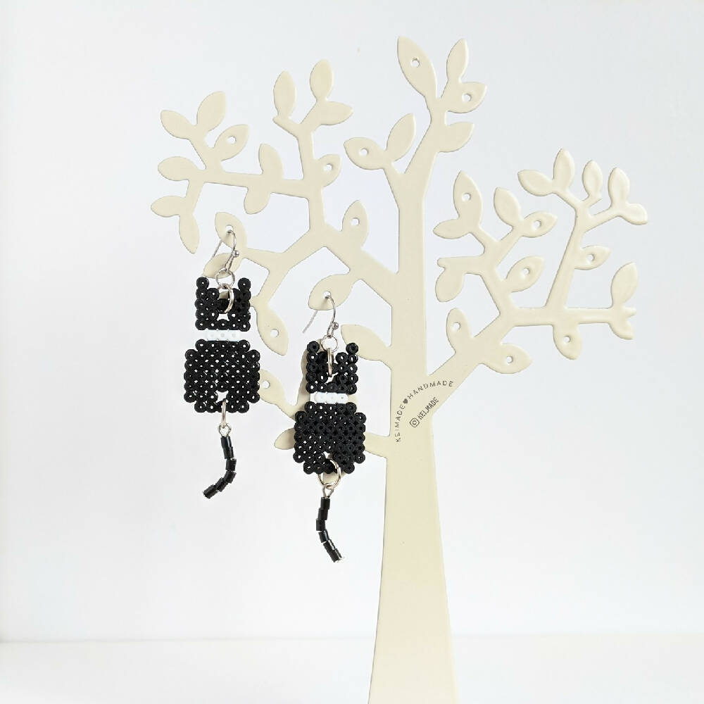 Black or White Cat Earrings with Dangly Tails - Cute animal & pet jewellery