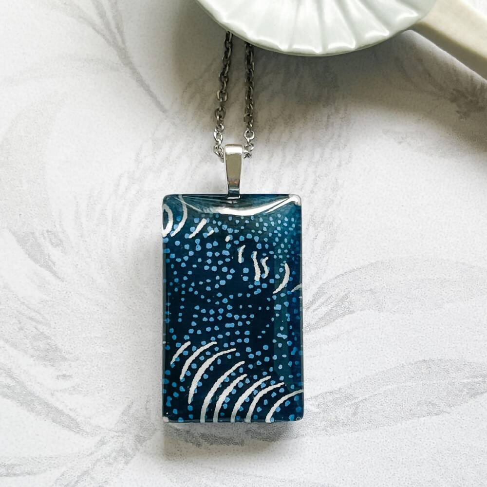 Blue Glass Tile Pendant • Japanese Paper, Resin and Glass