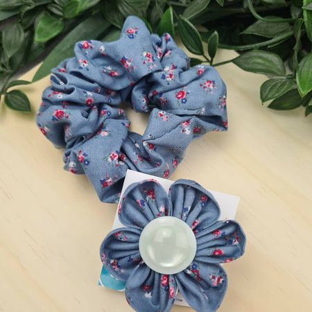 Daisy Blue - Scrunchie & Flower Clip Set - Cotton Fabric - Hair Accessories
