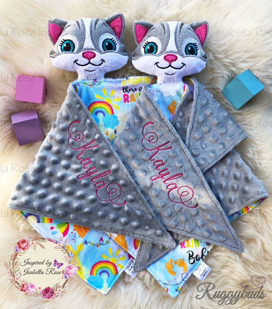 Baby comforter, Embroidered name, Cat themed Ruggybud, Made to order