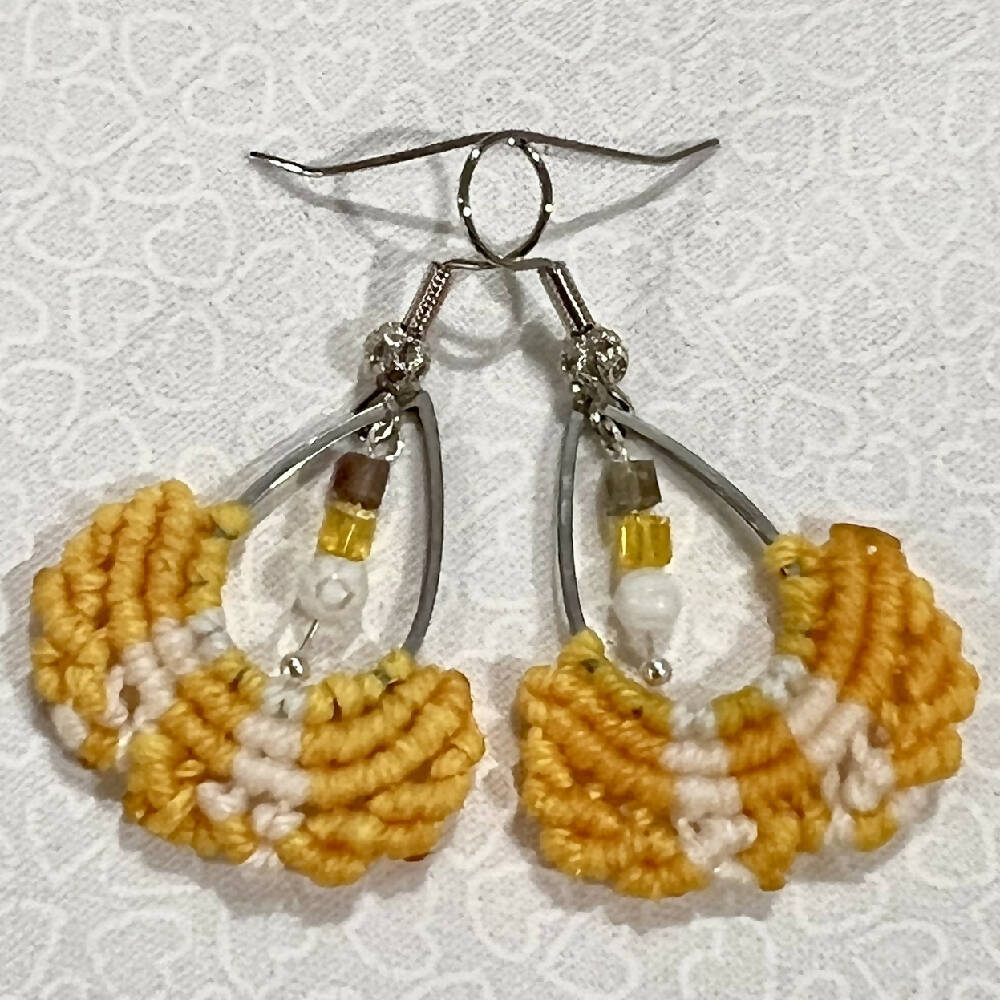 Yellow & White Micro Macrame Earrings, Silver Plated hooks + Free microfiber pouch