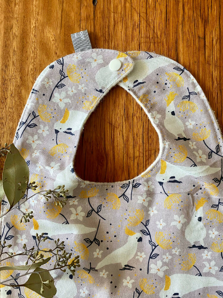 bib - grey cockatoo / eco friendly / organic cotton hemp / baby toddler