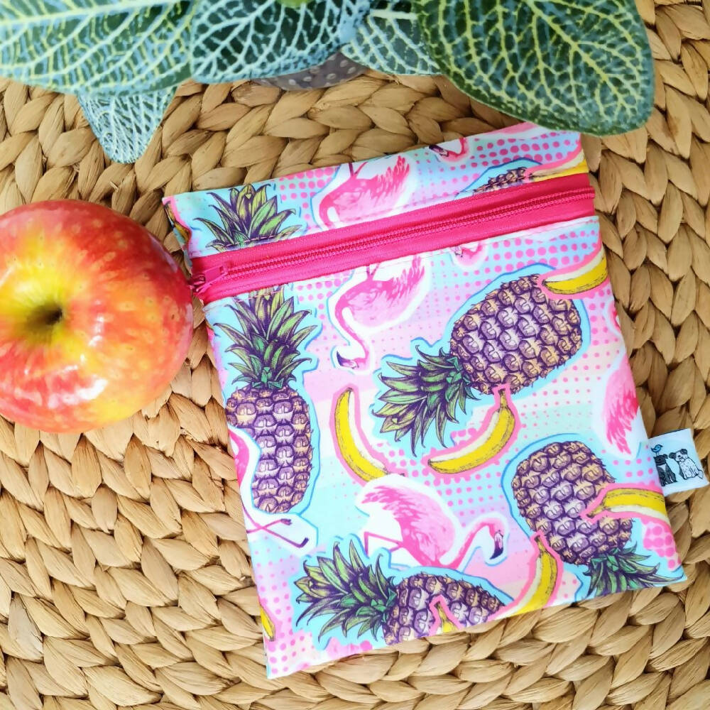Reusable Waterproof Zip Bag, Petite - Flamingoes & Fruit, Pink Zip