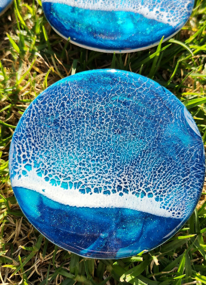 Glittering Blue and Turquoise Resin Wave Coasters (Set of 4)
