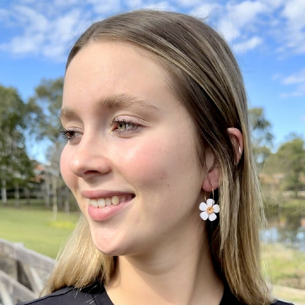 Small White Daisy Hoop Earrings - Polymer Clay Earrings