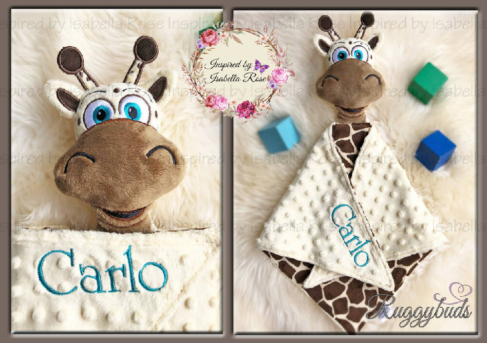 Baby comforter, Embroidered name, Giraffe themed Ruggybud, Made to order
