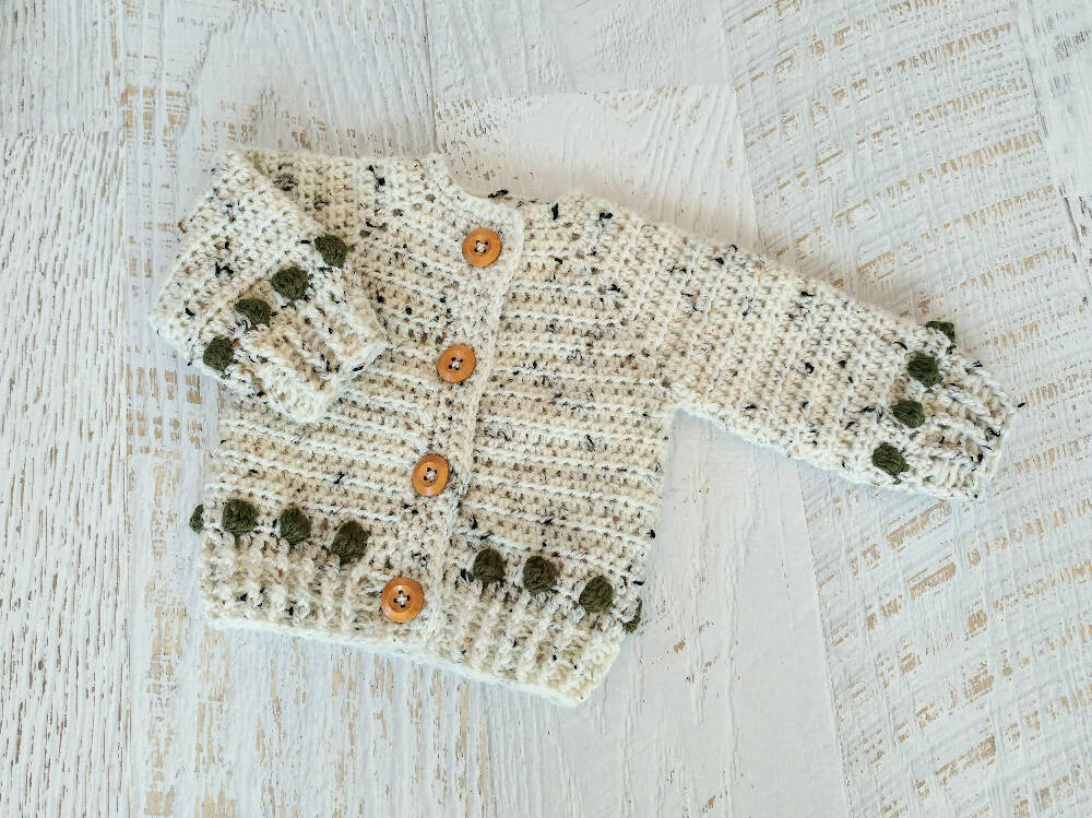 Baby Cardigan Oatmeal & Olive Green Hand Crocheted 0-3 months