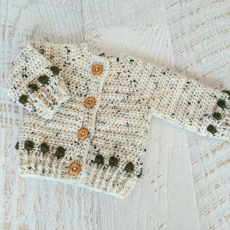 Baby Cardigan Oatmeal & Olive Green Hand Crocheted 0-3 months