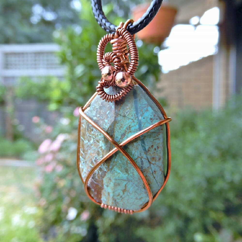 Rough Crysocolla Antique copper wire wrapped pendant
