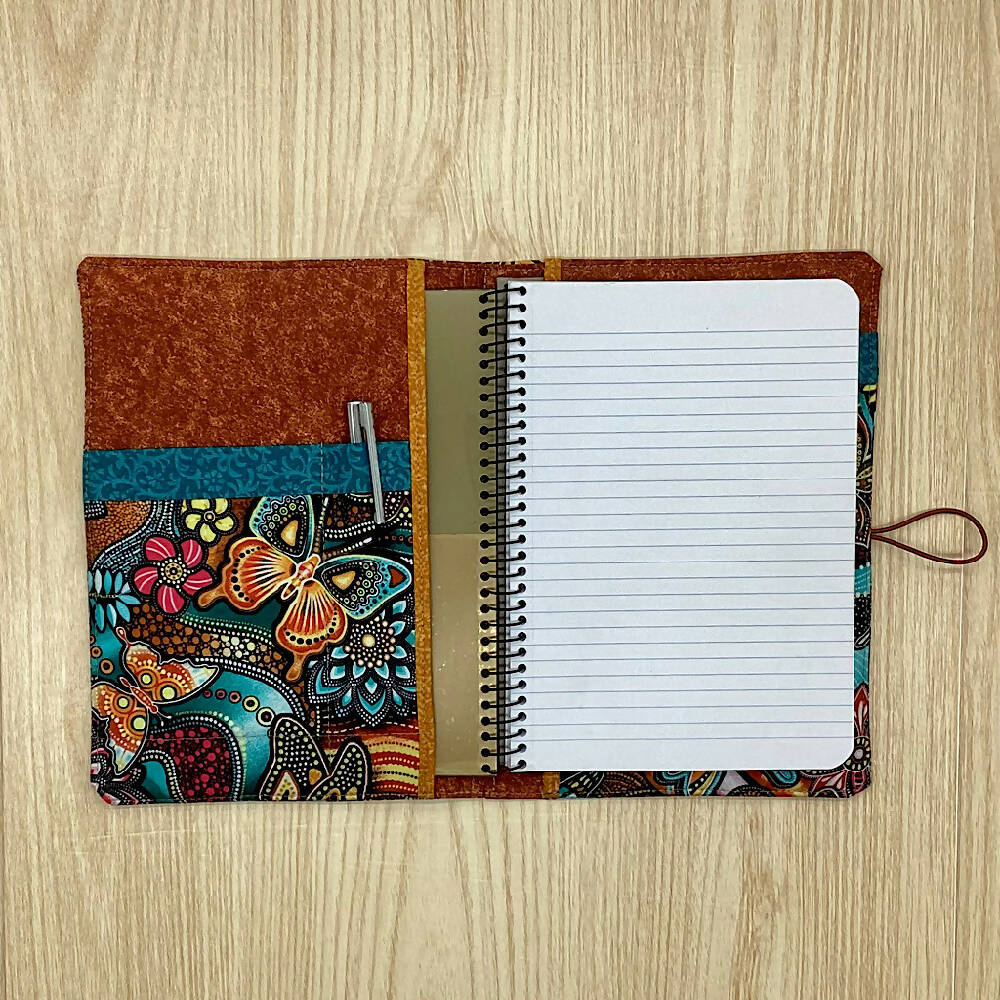 Indigenous Butterflies refillable A5 fabric notebook cover gift set - Incl. book and pen.