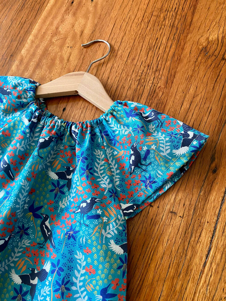 dress - turquoise magpies / cotton peasant-style dress green / Australian birds