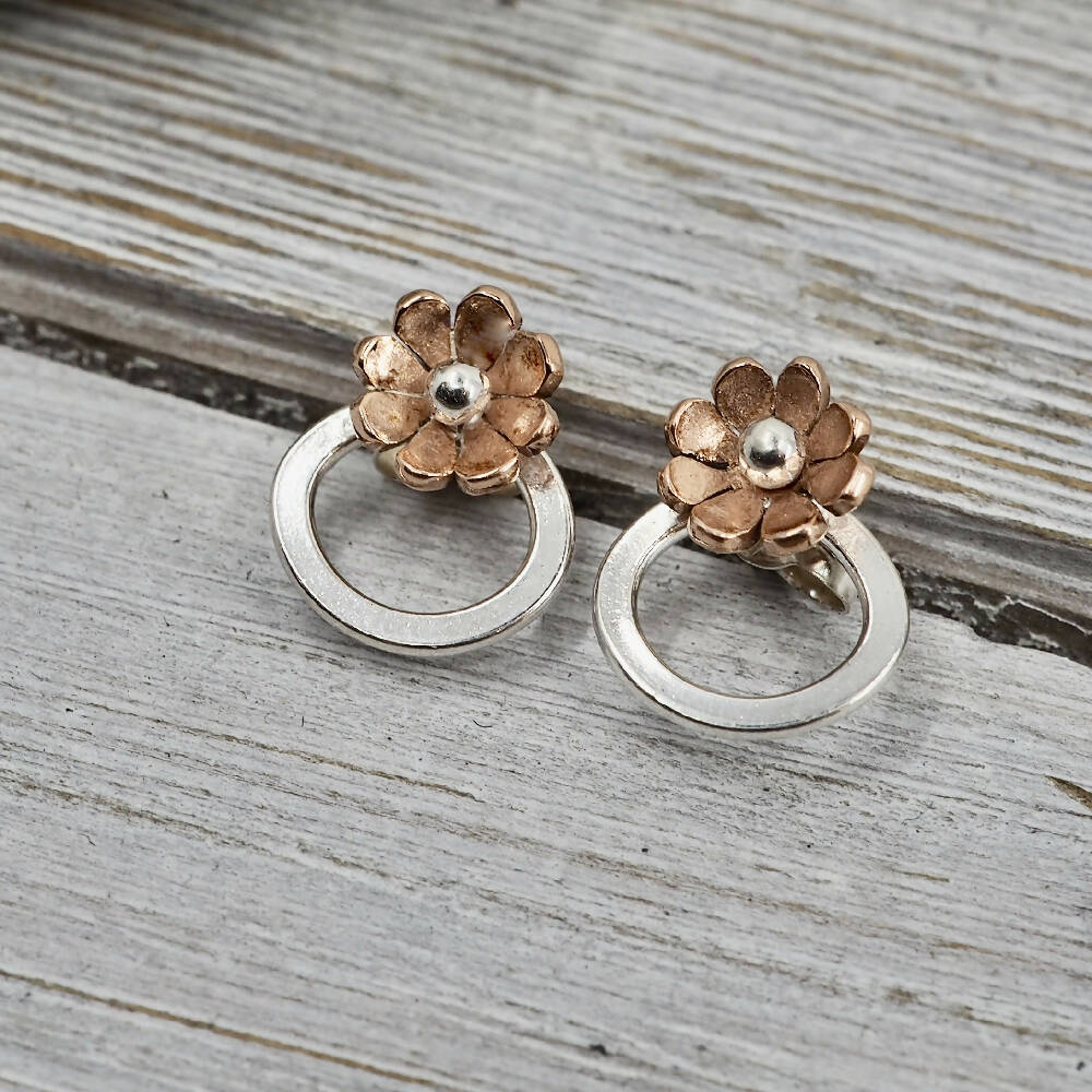 Copper daisy studs | Little copper flower studs | Daisy earrings | Silver and copper floral studs | Handmade Jewellery