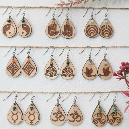 Wooden Teardrop Earrings - 'Symbols'