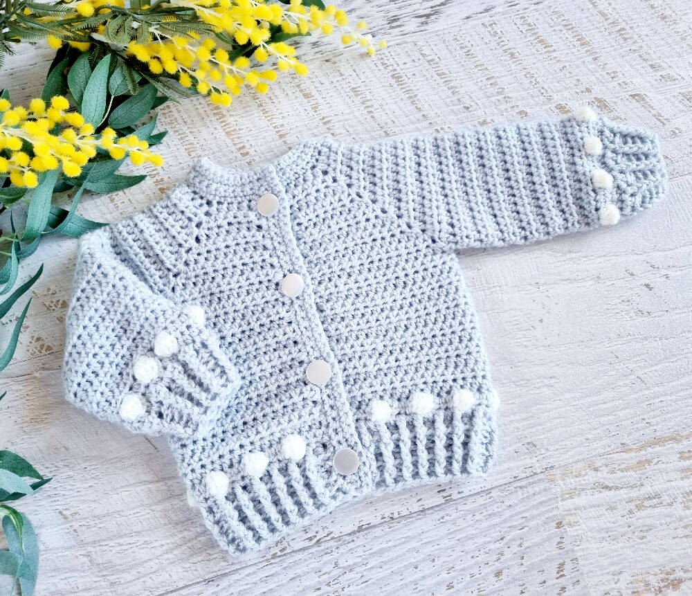 Baby Cardigan Pale Grey Newborn Hand Crocheted 0-3 months